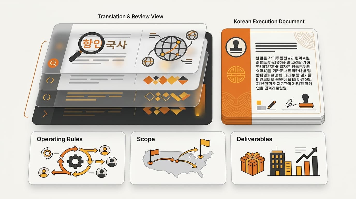 韓国語の運用文書の各セクションに対応した構造化翻訳ビュー