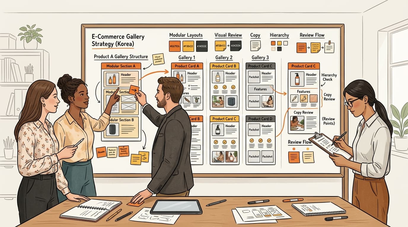 Brand team reviewing a modular Korean product gallery strategy