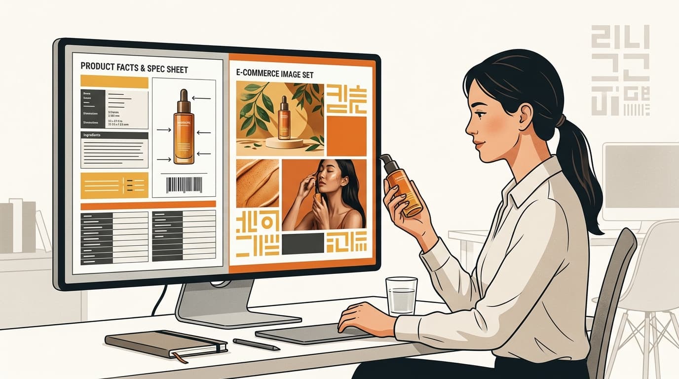 Brand reviewer checking product facts against a Korean ecommerce gallery plan