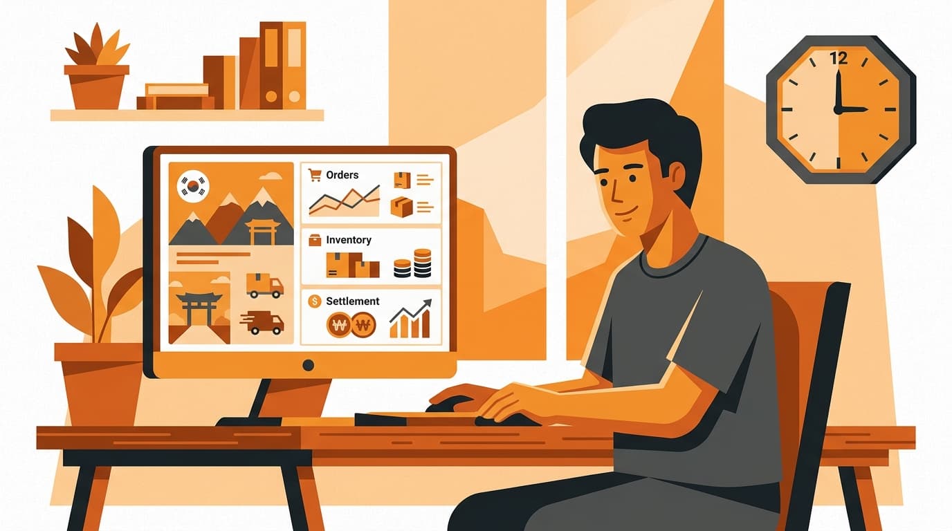 An operator reviewing a Korea e-commerce account dashboard at midday