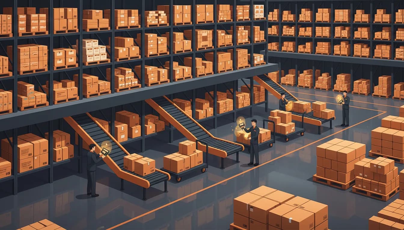 Workers moving neatly packed consumer goods through a modern fulfillment center with rolling racks and barcode scanners