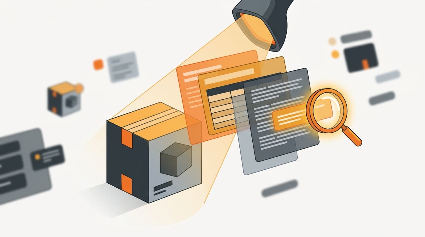 A product listing being scanned across its title, specs, and description with one item flagged