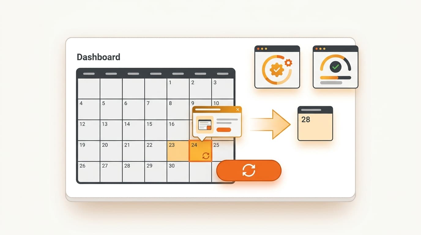 A dashboard concept showing an early expiry-date preview, a single renewal button, and two clearly separated status indicators