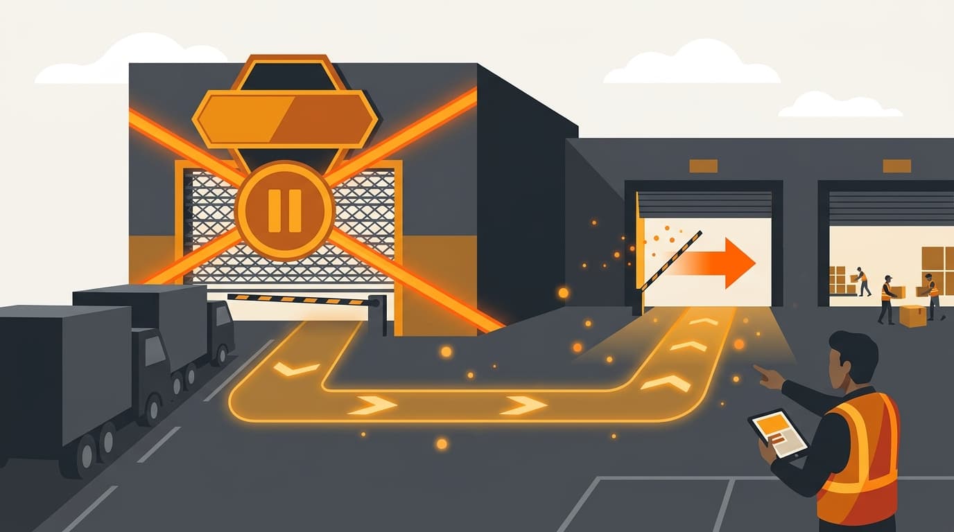 A warehouse inbound gate showing a clearly tagged pause state with a lit reinstatement route back to an open gate