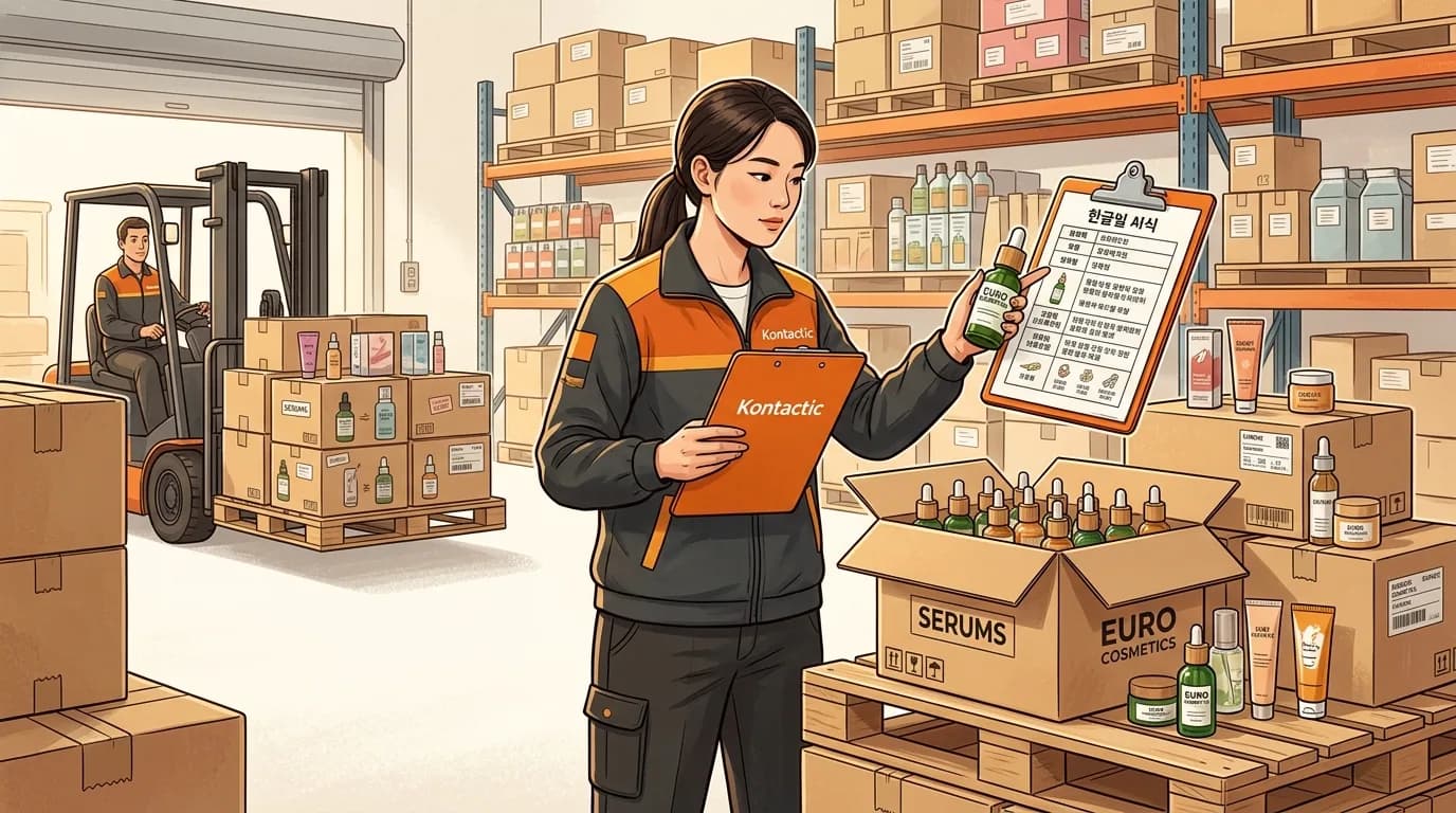 A European cosmetics shipment being inspected at a Korean 3PL warehouse loading dock against Korean-language label requirements