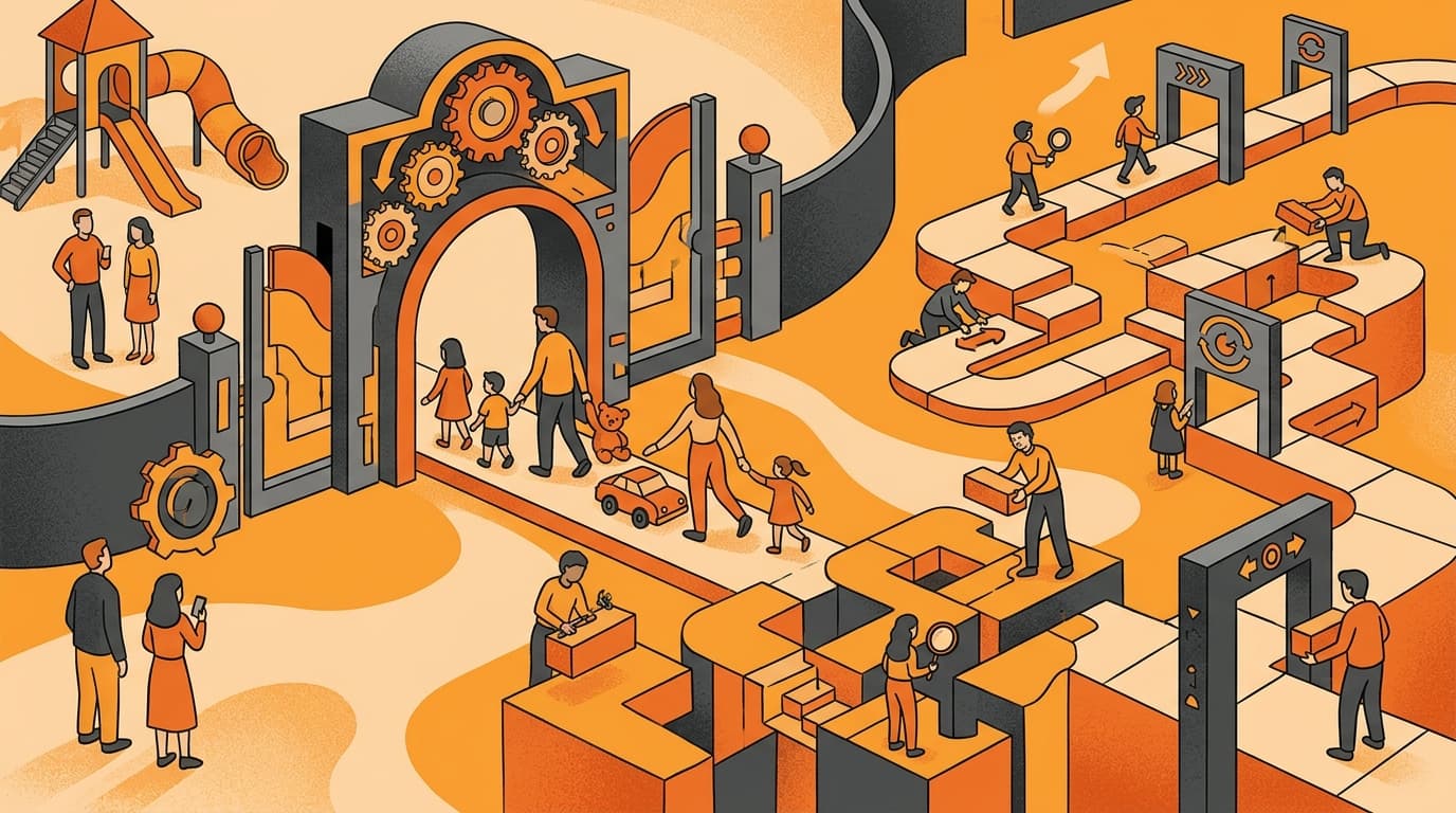 Illustration of an inspector on a factory line with a certificate tethered to both a specific product and a specific building
