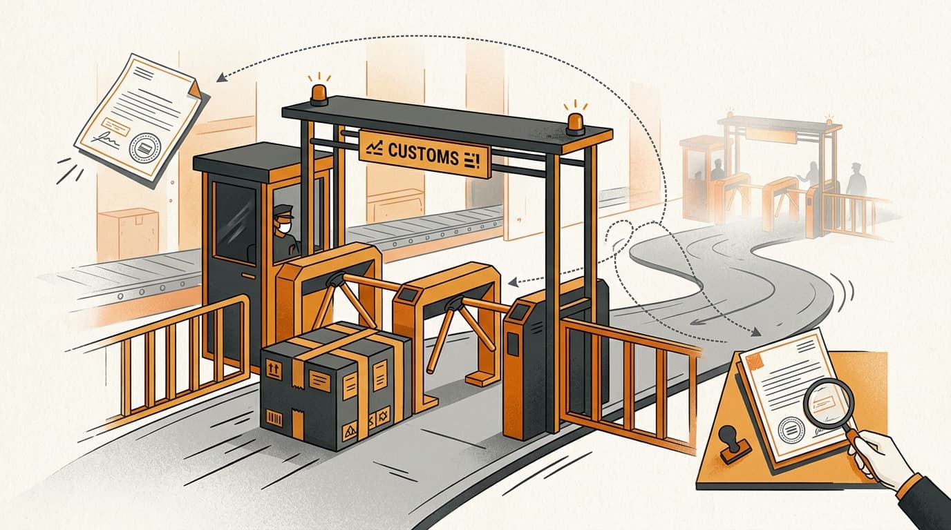 Illustration of a customs gate with a second, later checkpoint appearing behind it