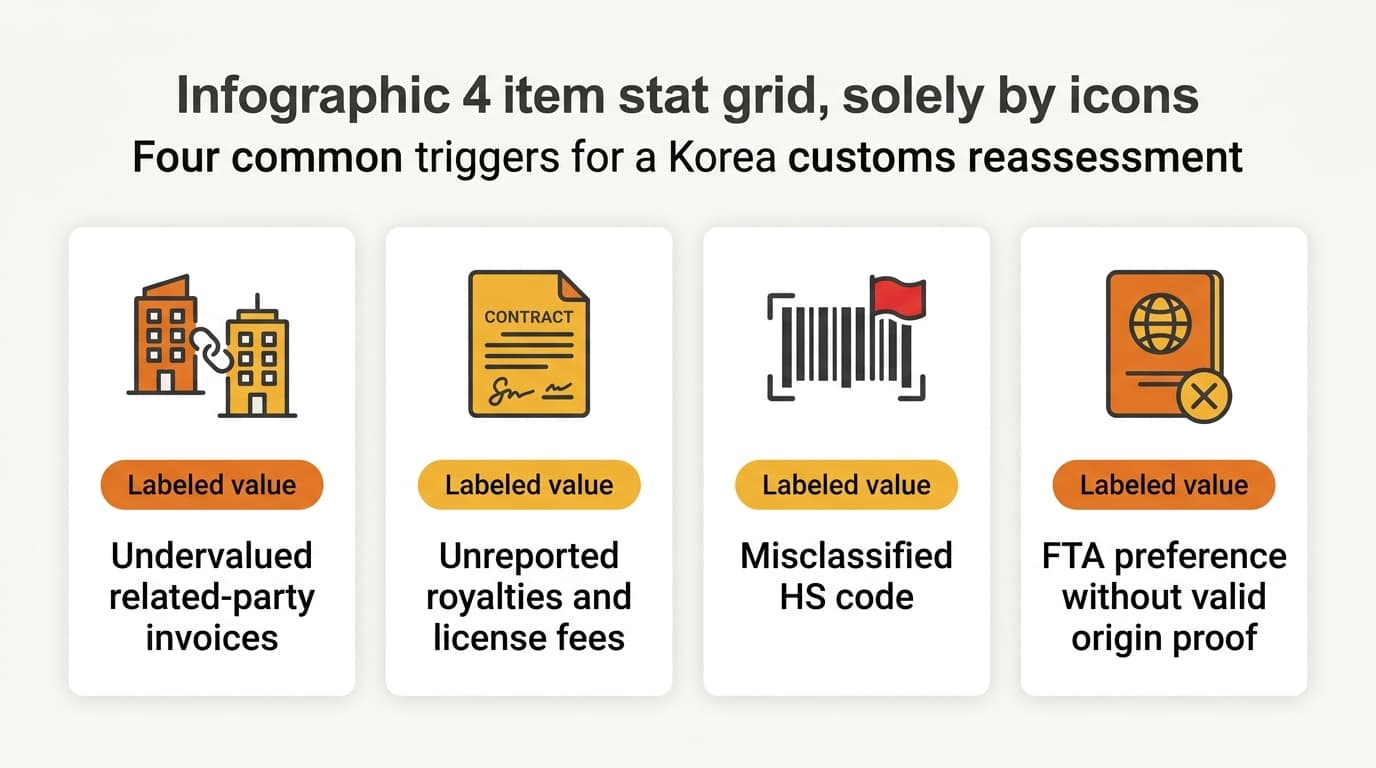 Infographic showing four common triggers for a Korea customs reassessment