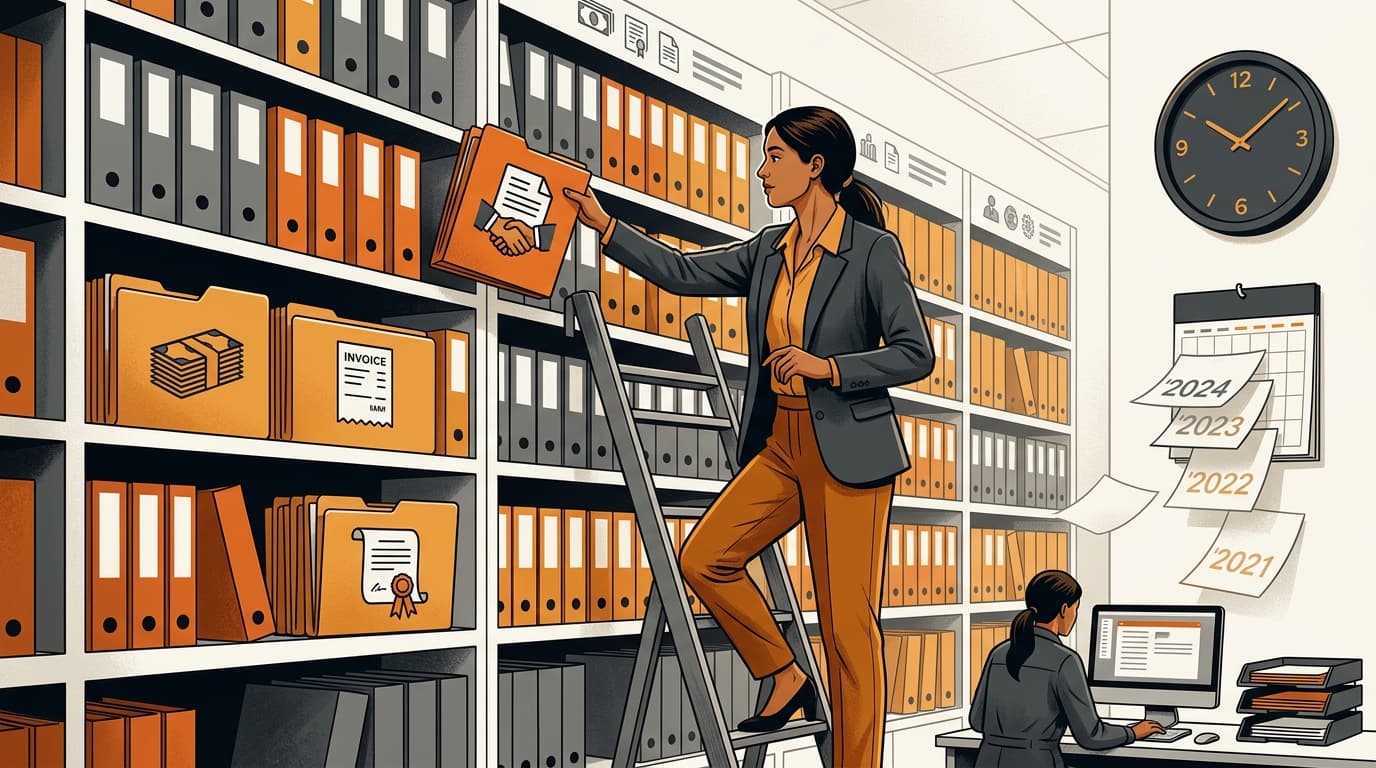 Illustration of a person retrieving labeled record folders from an organized archive shelf