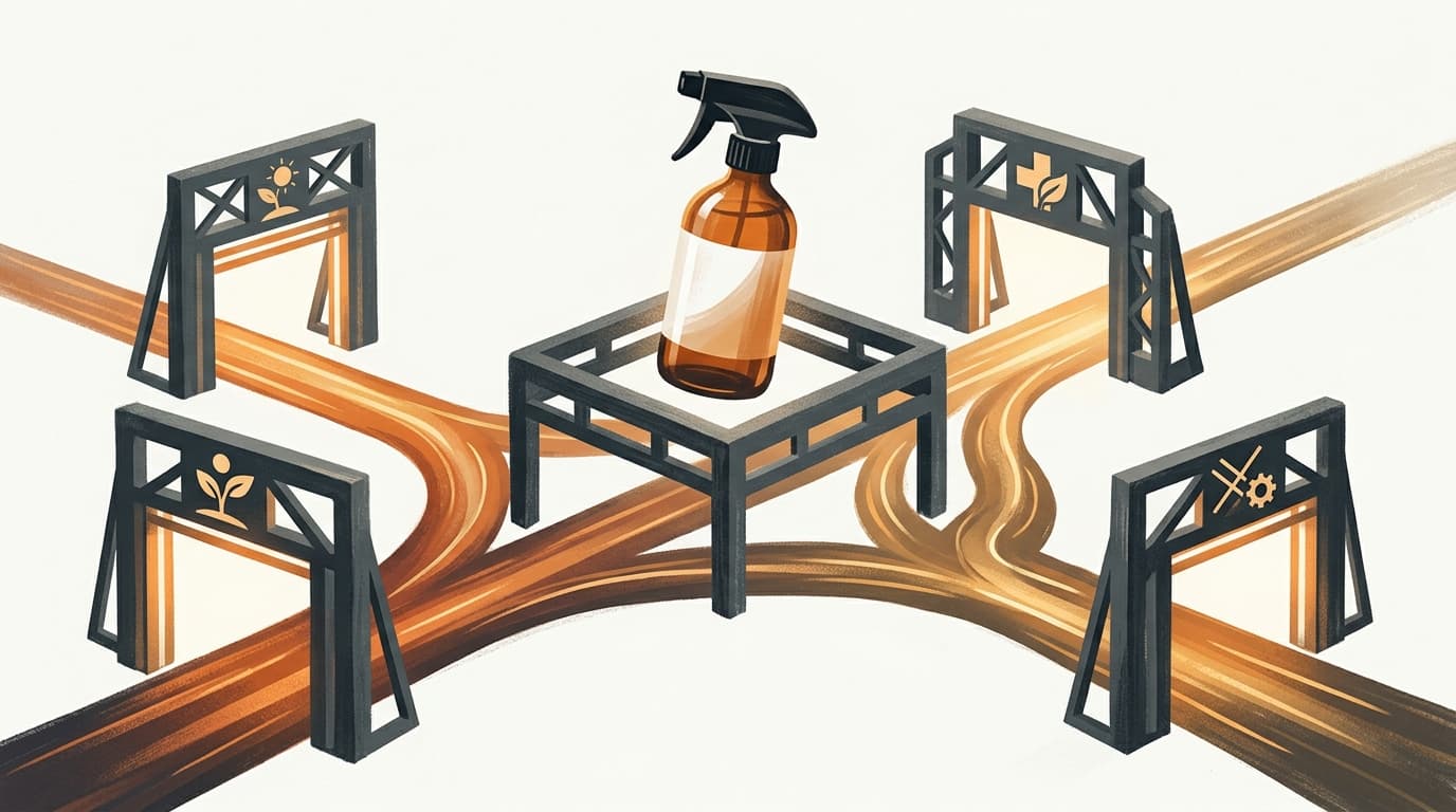 One spray bottle splitting into three regulatory paths