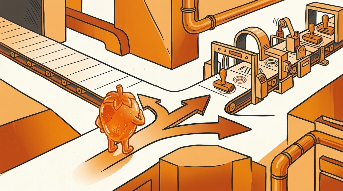 A vitamin gummy at a fork between a light conveyor route and a gated inspection route