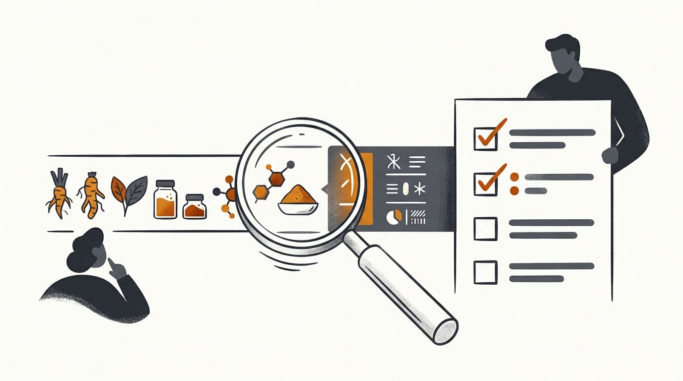 A magnifying glass reviewing supplement ingredients and a product label against a checklist