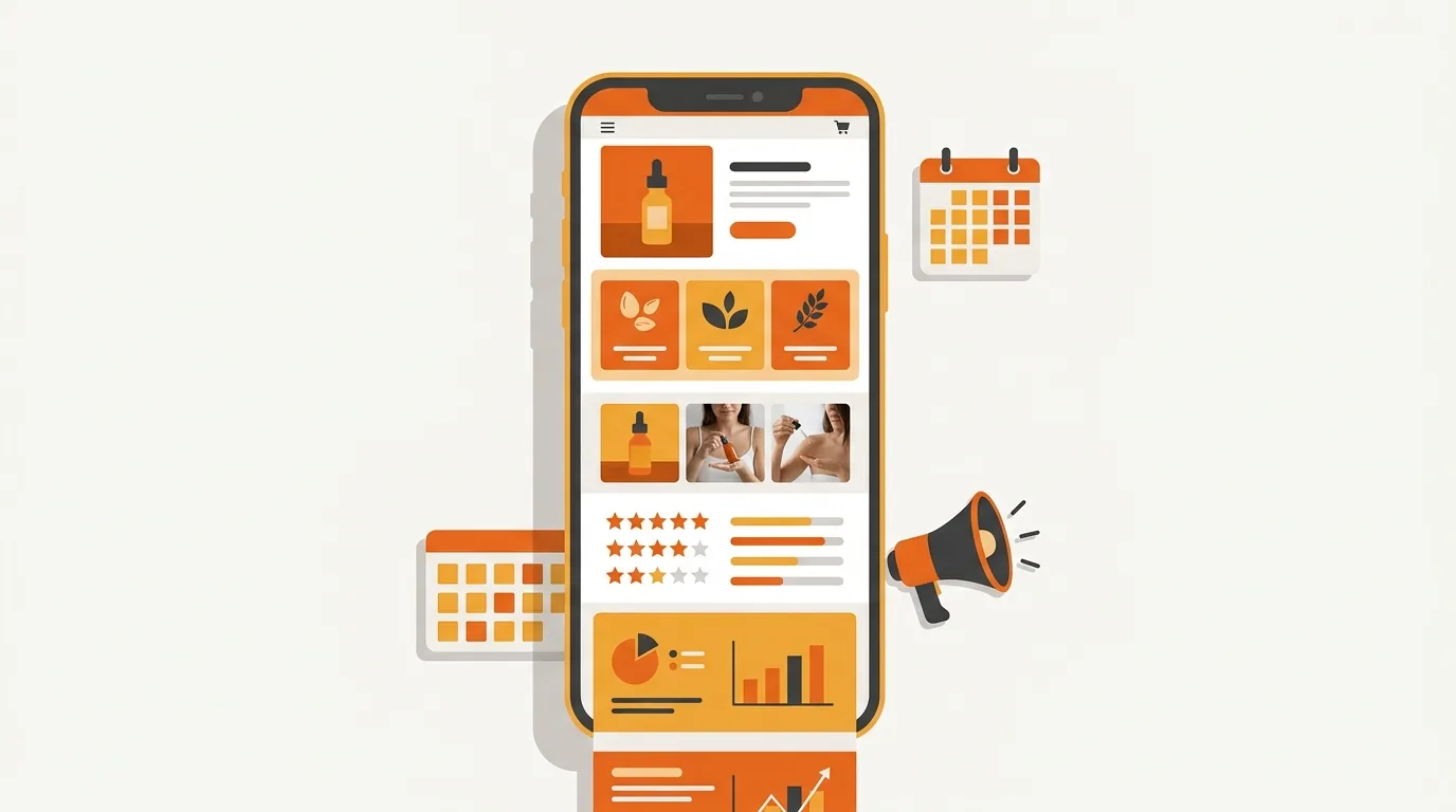 Vertical Korean product detail page on a smartphone with launch calendar and marketing icons