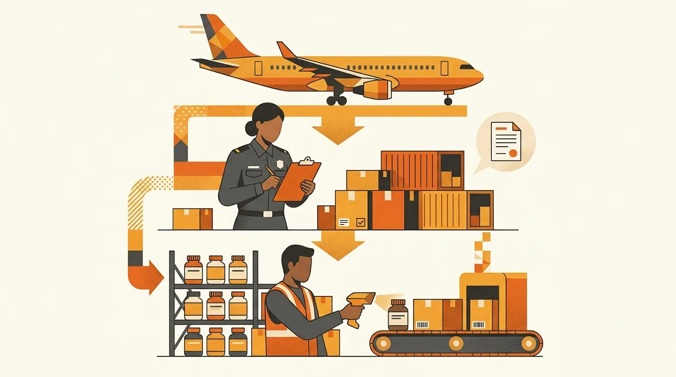 Layered diagram of a Korean supplement logistics flow with customs, MFDS document, and warehouse worker.