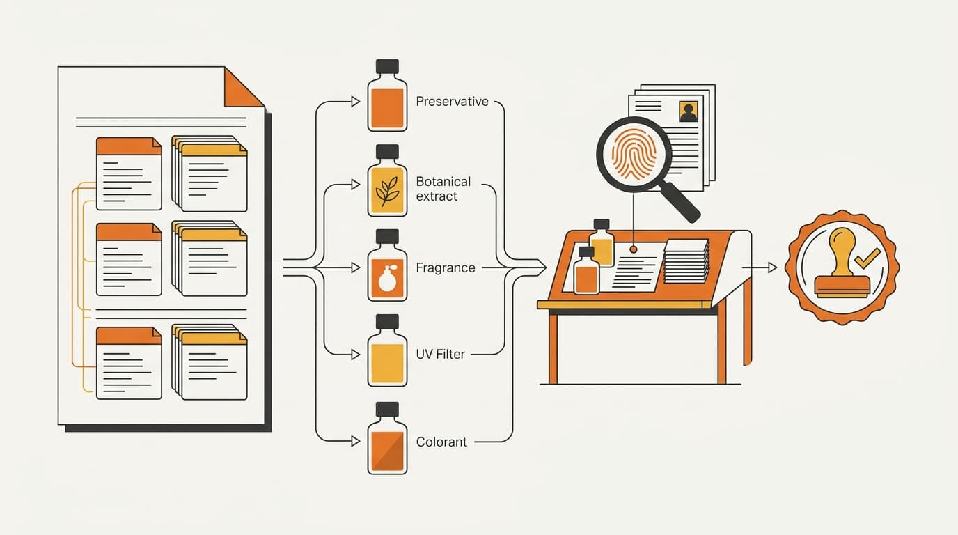 Complete cosmetic formula moving through a Korean ingredient compliance review