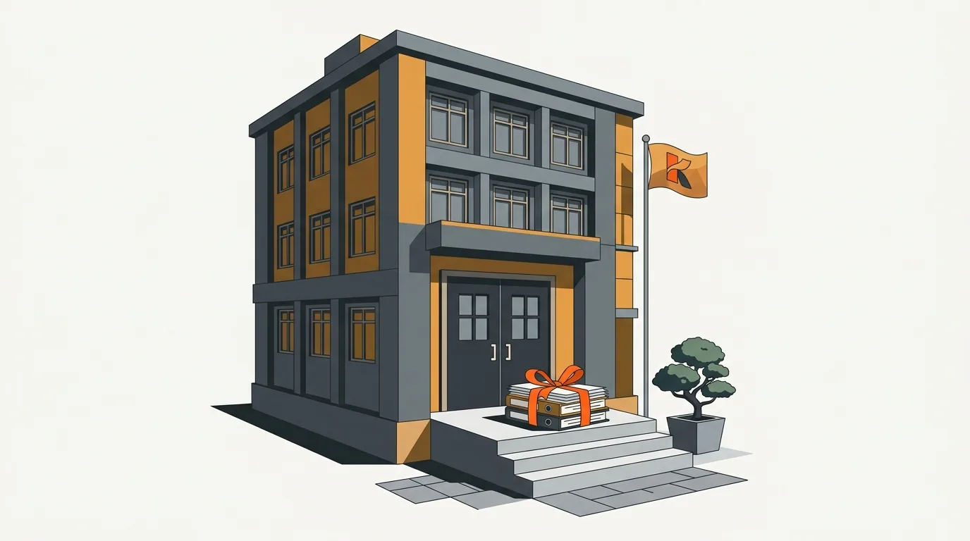 A sturdy Korean office building with a stack of documents tied with an orange ribbon on its steps