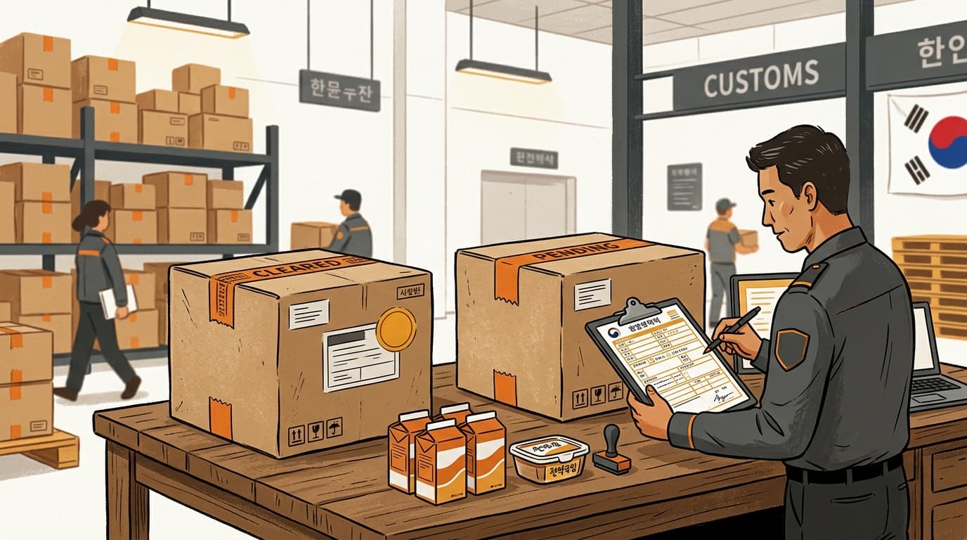 韓国の税関検査場に置かれた、別々に梱包された2つの食品出荷
