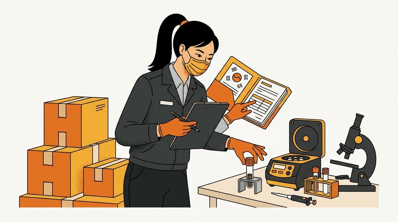 書類、封印された箱、検査機器を使う韓国の食品安全検査