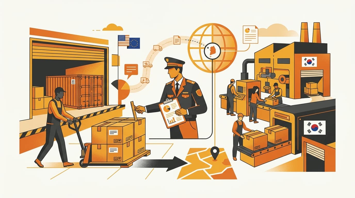 Cartons leaving a US or EU warehouse while a factory represents manufacturing origin