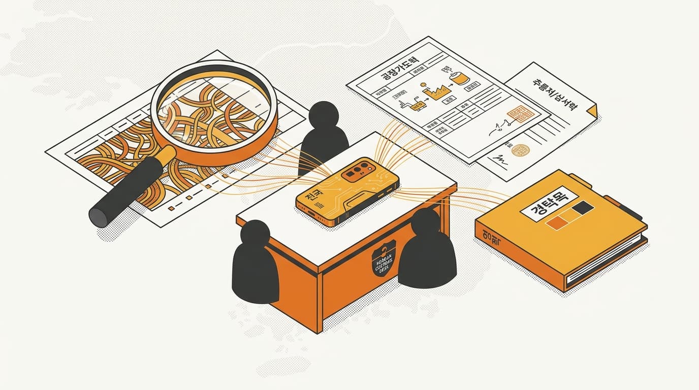 Korean customs desk checking a product, HS classification, producer details, and origin document