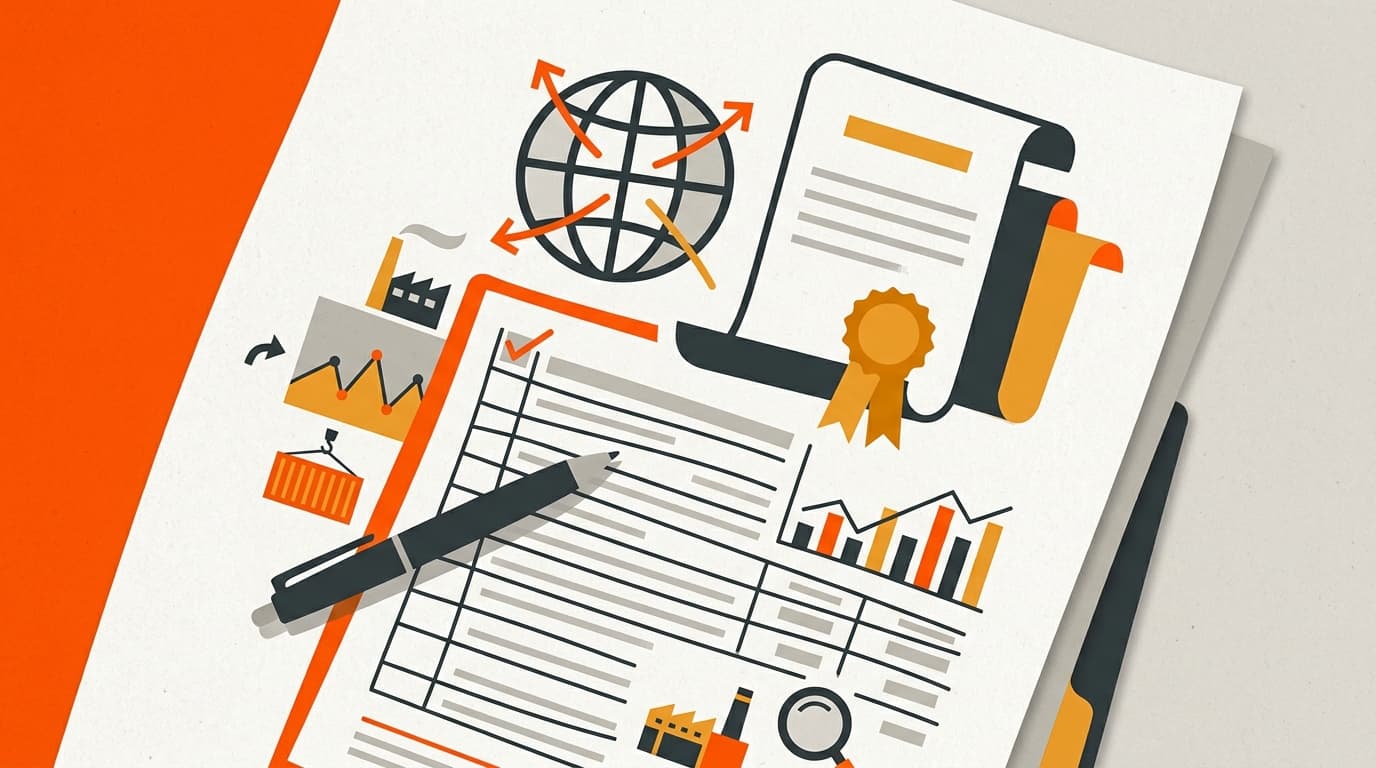 A checklist and ledger beside a globe icon and a certificate with a ribbon seal, representing conditional FTA origin paperwork