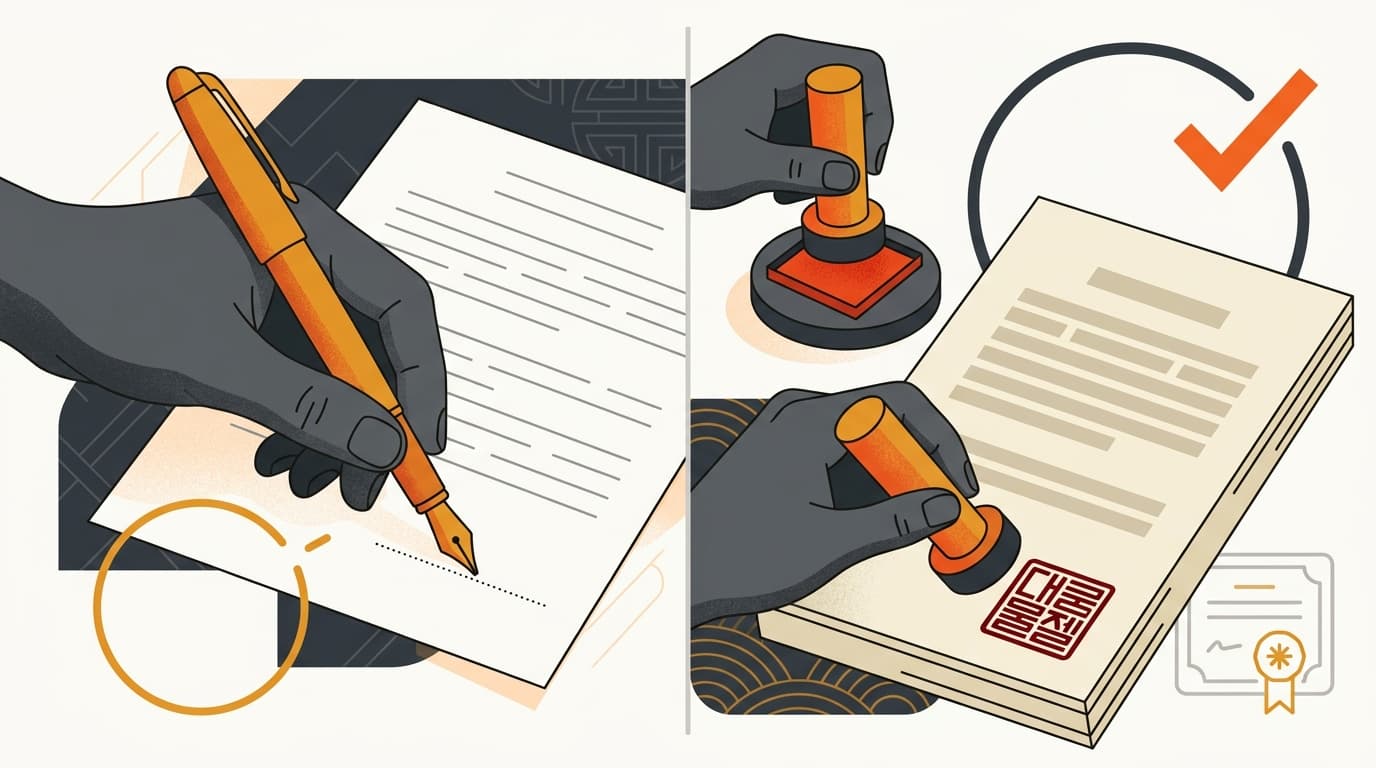 西式手写签名与正在加盖并认证的韩国法人印章形成对比