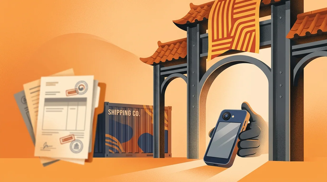 A consumer electronics device passing through a stylized Korean customs gate