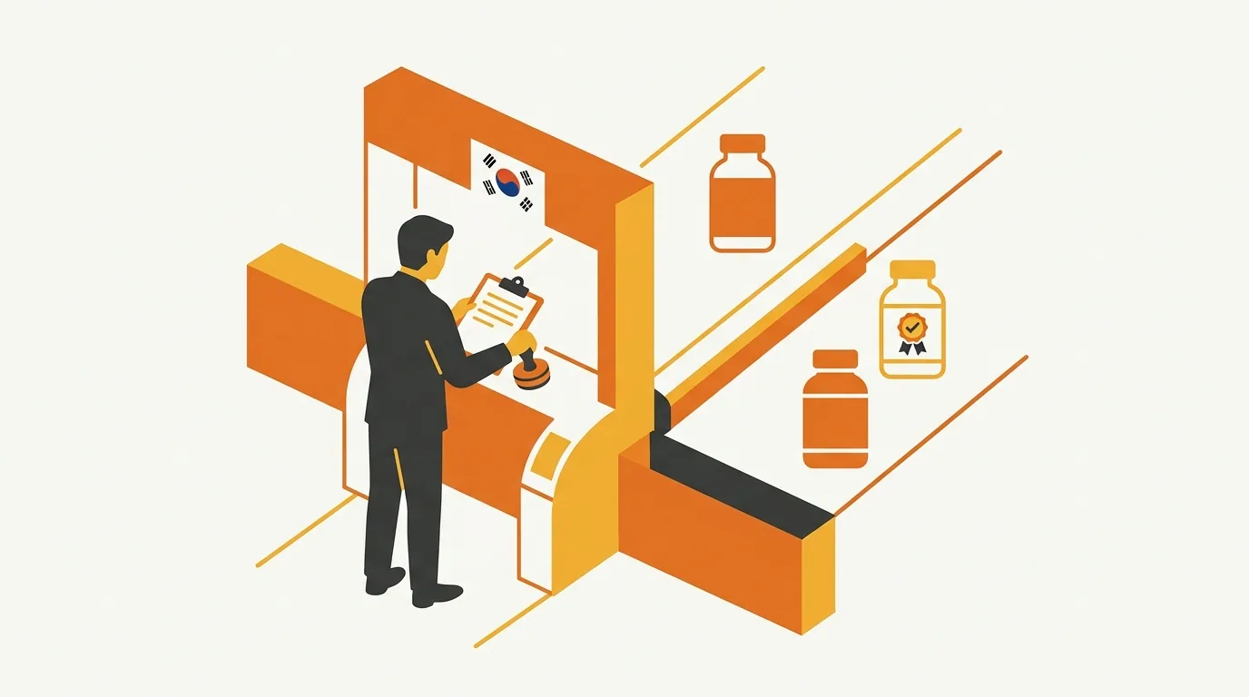 Editorial illustration of a Korean customs checkpoint with two regulatory lanes for supplements
