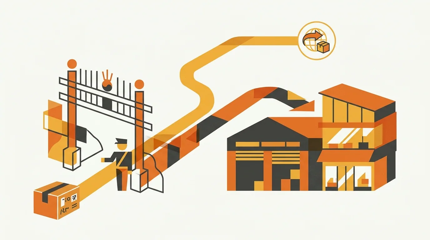 Illustration of a parcel arriving at Korean customs with two diverging paths — one cross-border, one local fulfillment