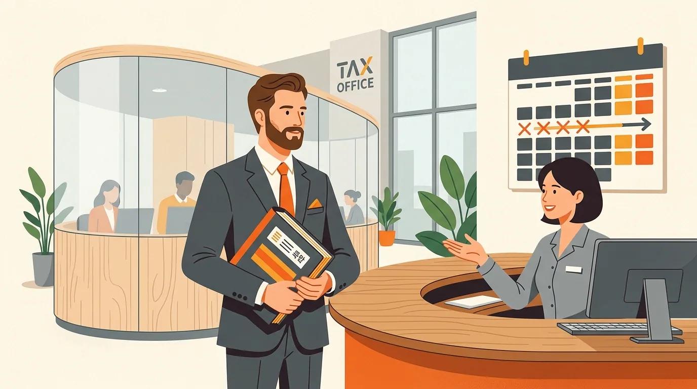 Foreign founder waiting at a Korean tax office with a calendar in the background