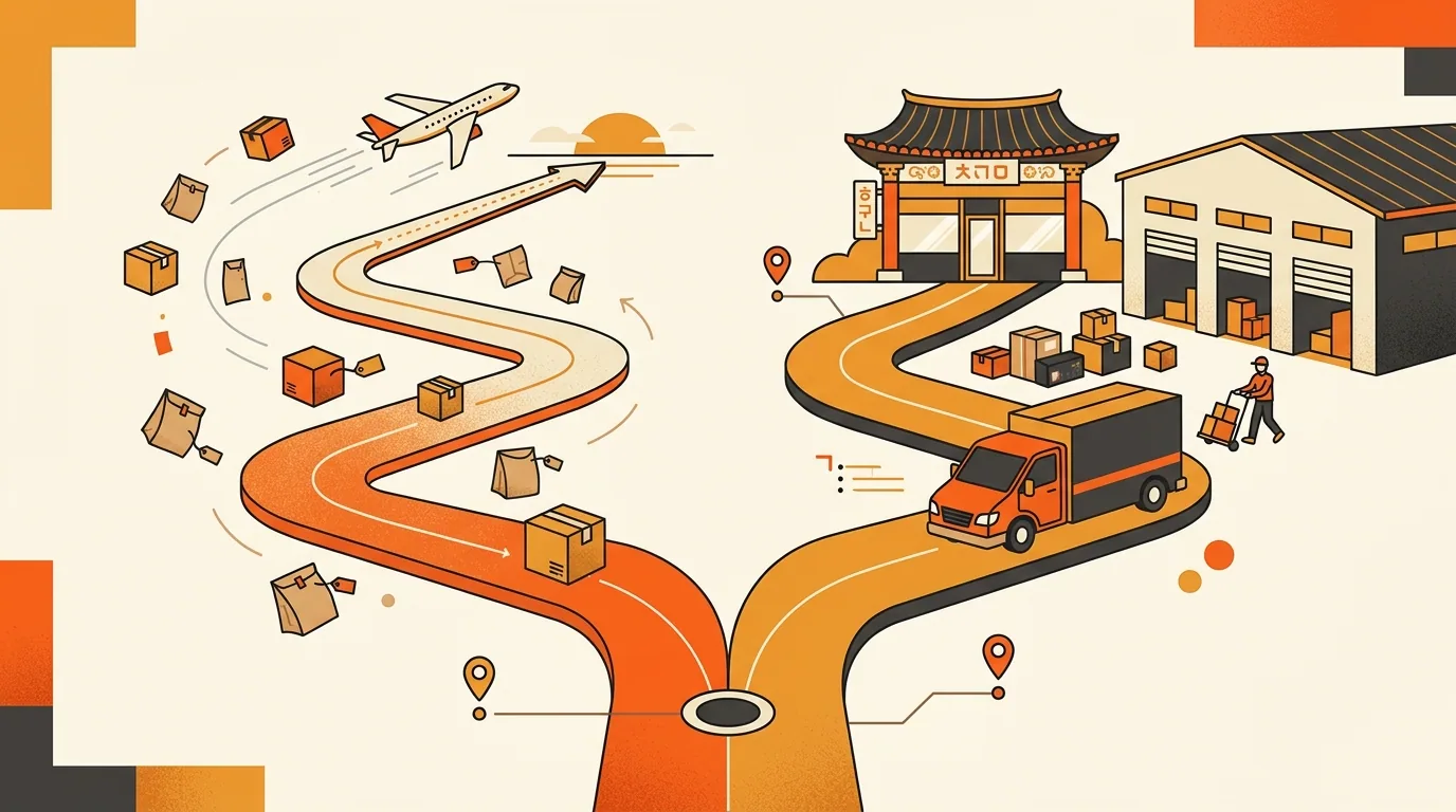 Two diverging paths illustrating cross-border versus local Korea entry