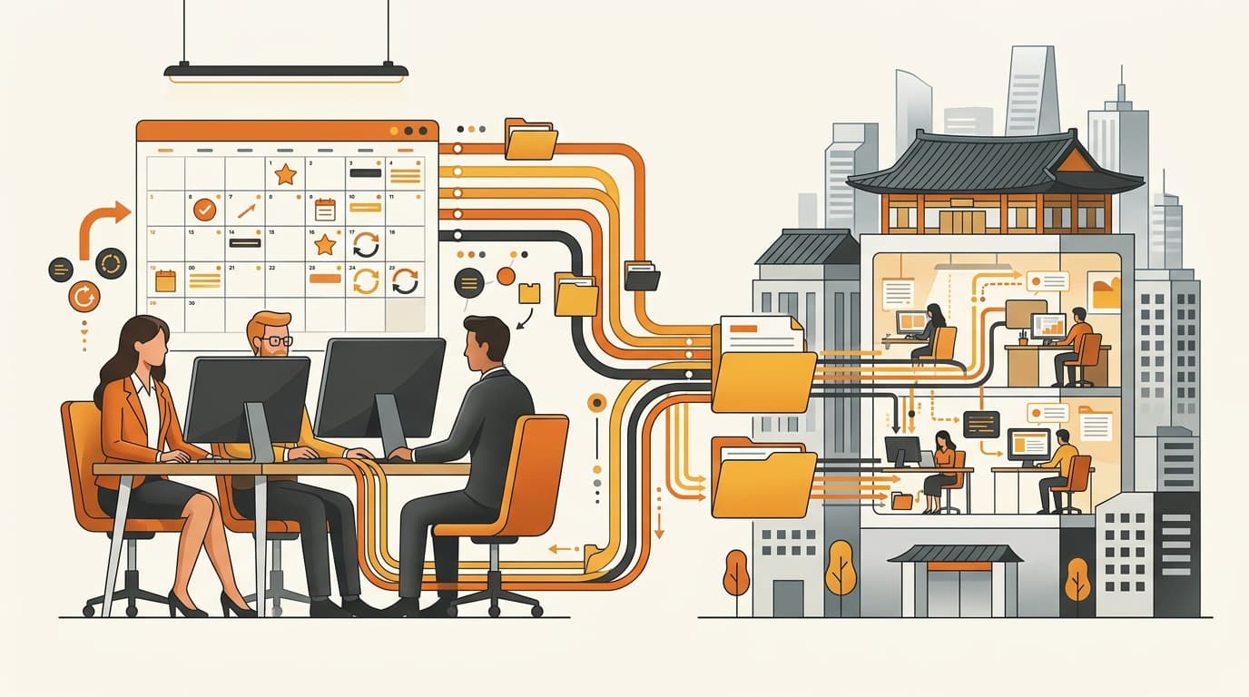 Remote team managing an ongoing Korean entity workflow