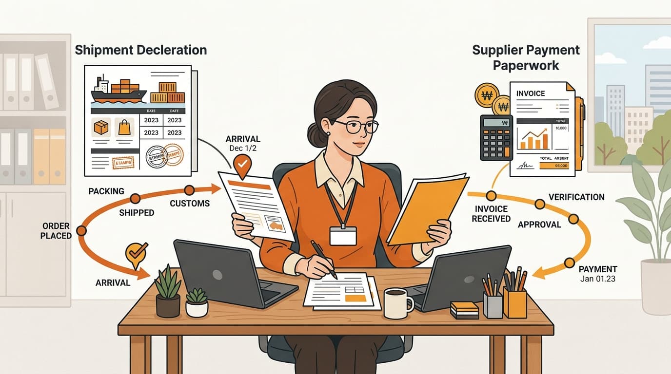 Operator comparing a Korean import declaration with supplier payment paperwork