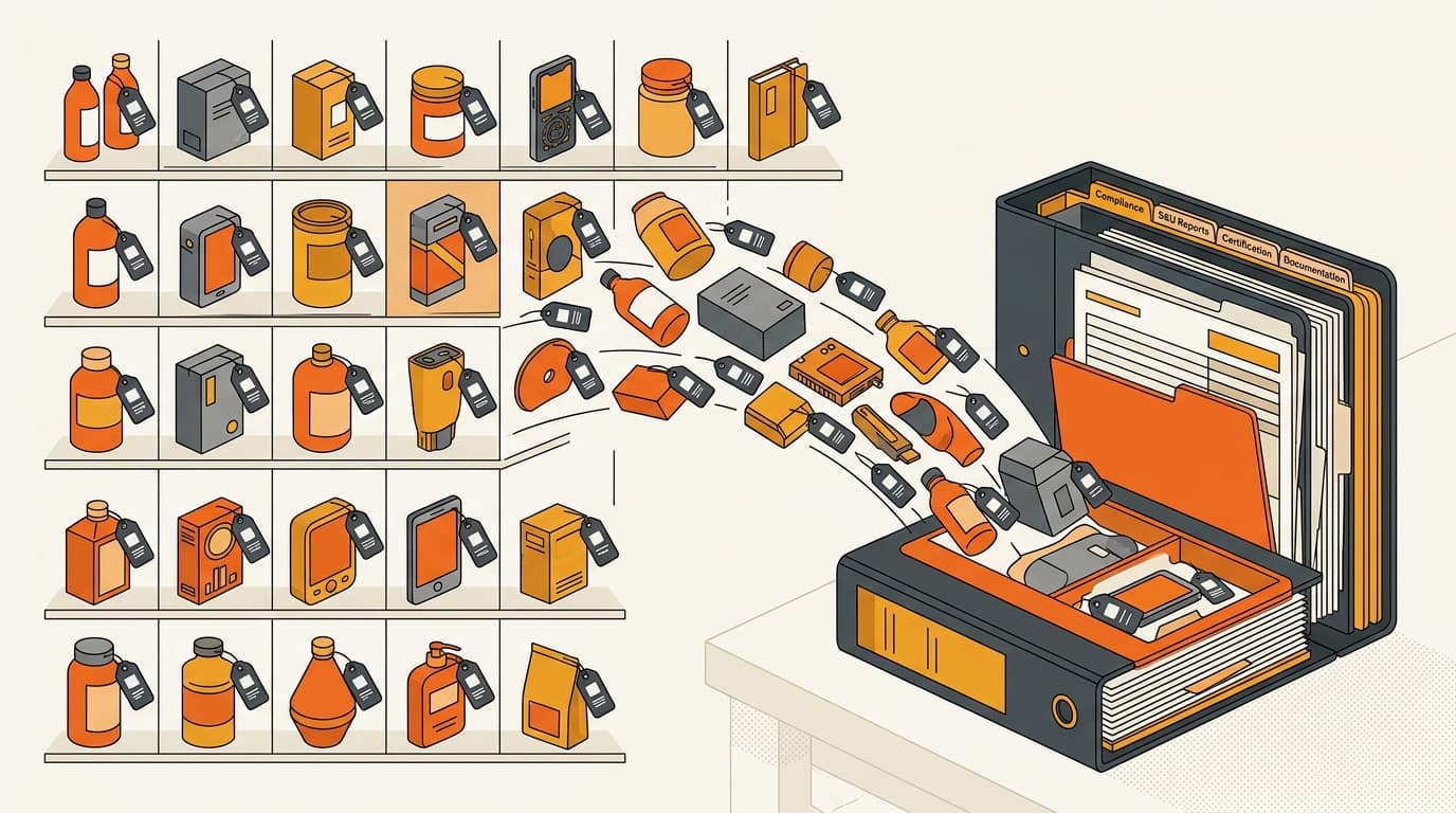 Many product SKUs bundled into a single organized compliance evidence folder