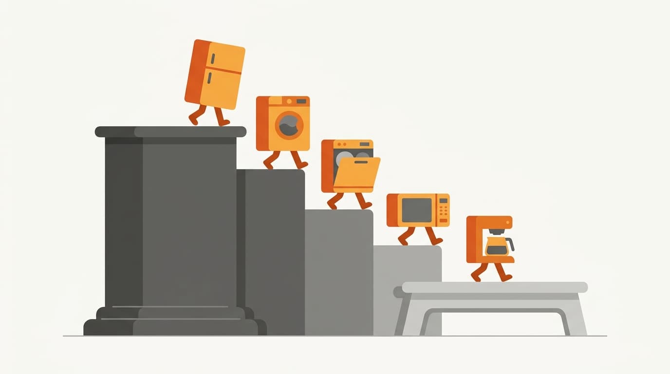 Five appliance icons stepping down from a heavy pedestal onto a lighter platform
