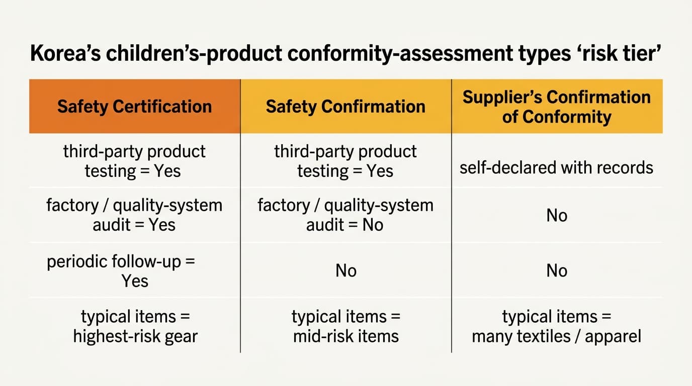 Comparison table of Korea's three children's-product conformity-assessment types