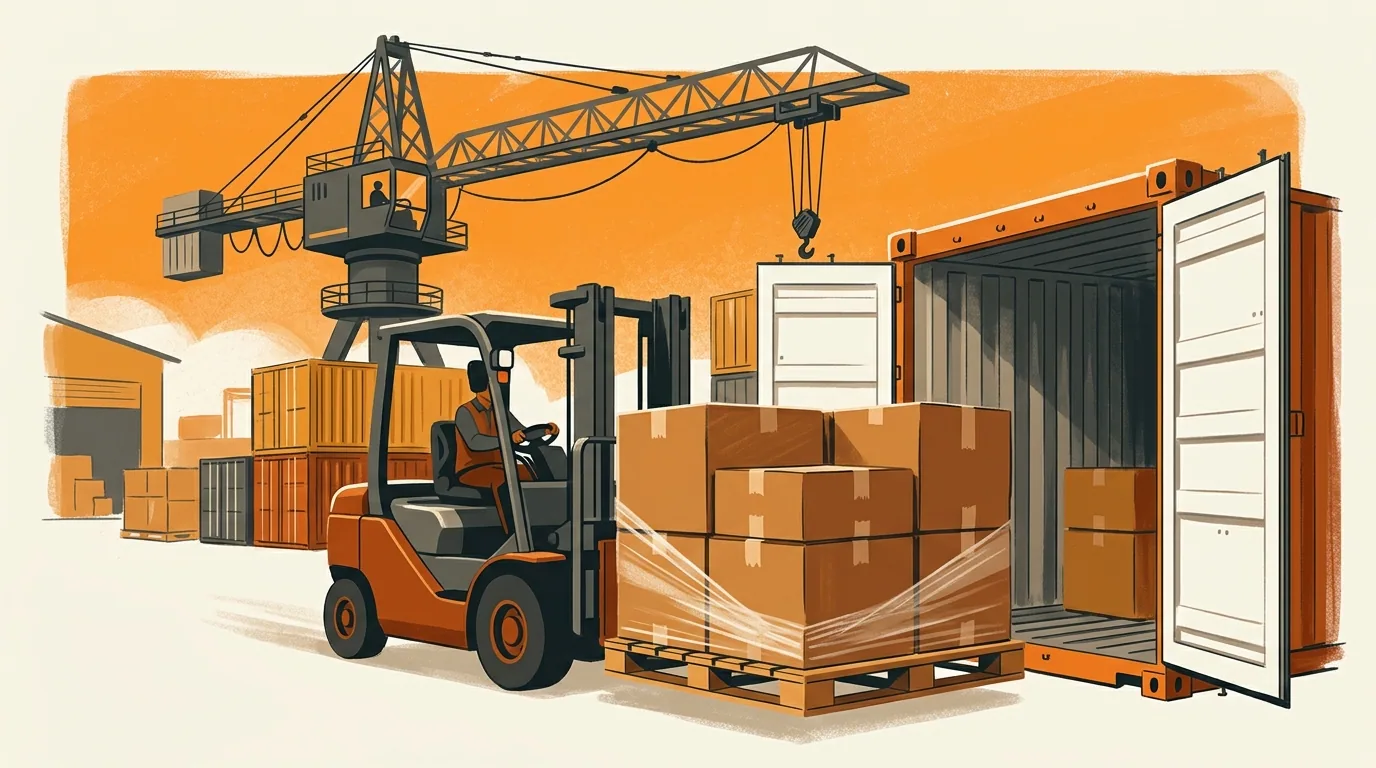 A pallet of cartons being loaded into a shared LCL ocean container at port