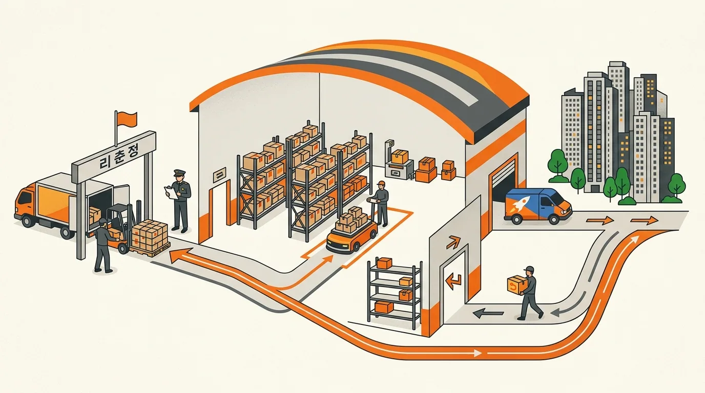 Korean fulfillment workflow showing customs, warehouse, last-mile delivery, and returns