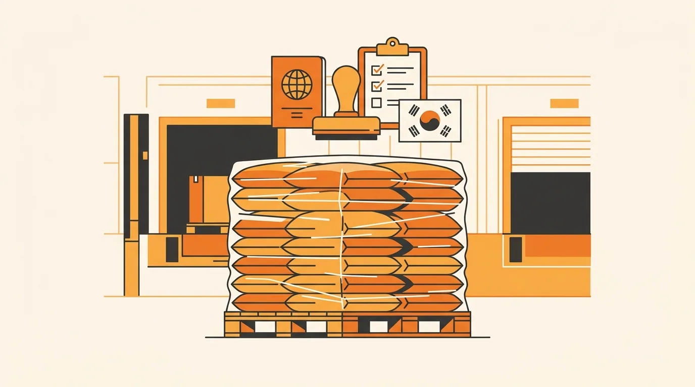 Illustration of a wrapped pallet of pet food at a US dock with Korean customs documentation icons above it