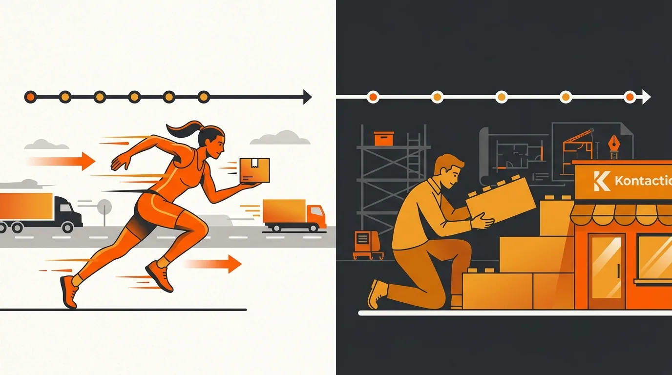 Illustration contrasting a fast runner with a package and a slower figure assembling a storefront, representing fast freight versus slow infrastructure