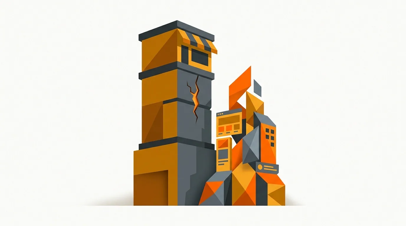 Abstract illustration of an ecommerce storefront with a hairline crack and a second storefront beginning to rise alongside it
