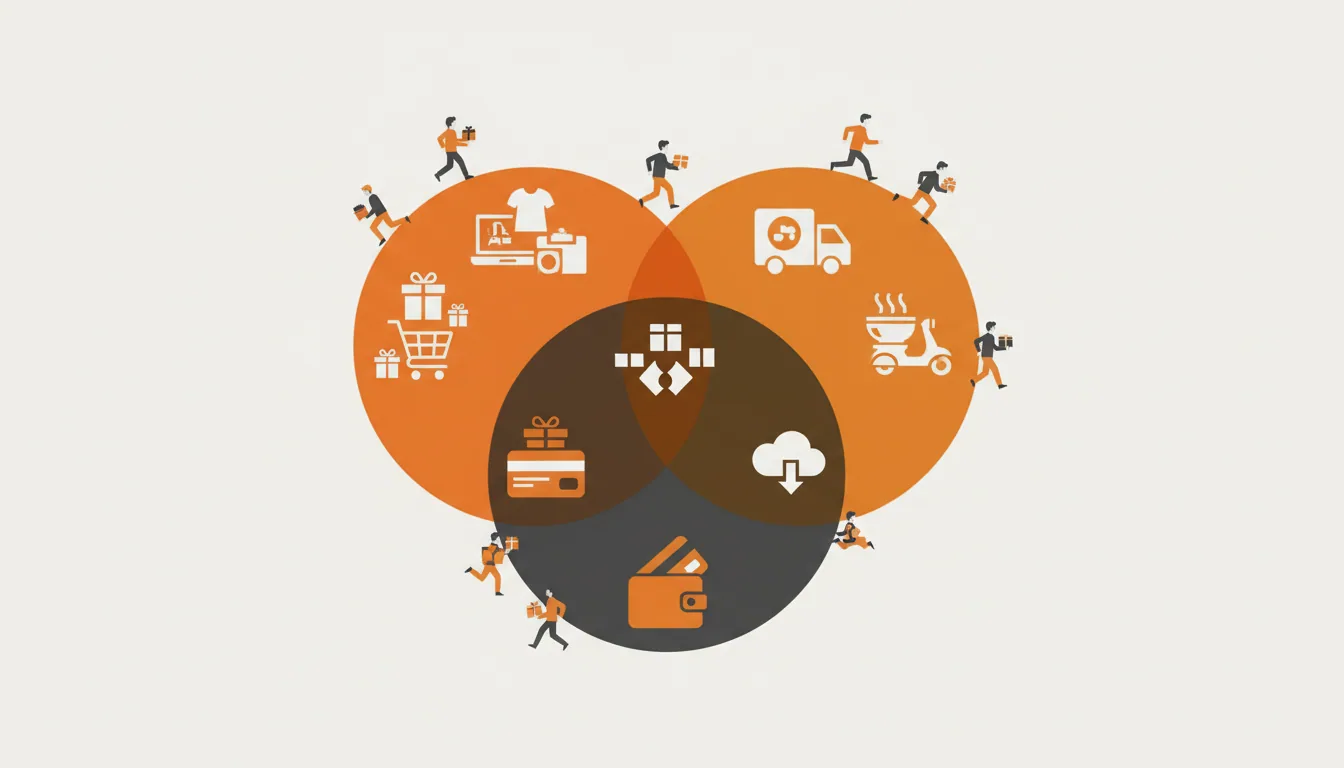 Illustration of overlapping Korean commerce and delivery app circles with user silhouettes moving between them