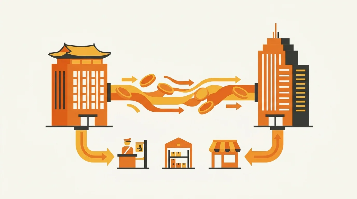 Illustration of a Korean entity and a Western parent company connected by a pipeline of currency, with customs, warehouse, and marketplace icons feeding in.
