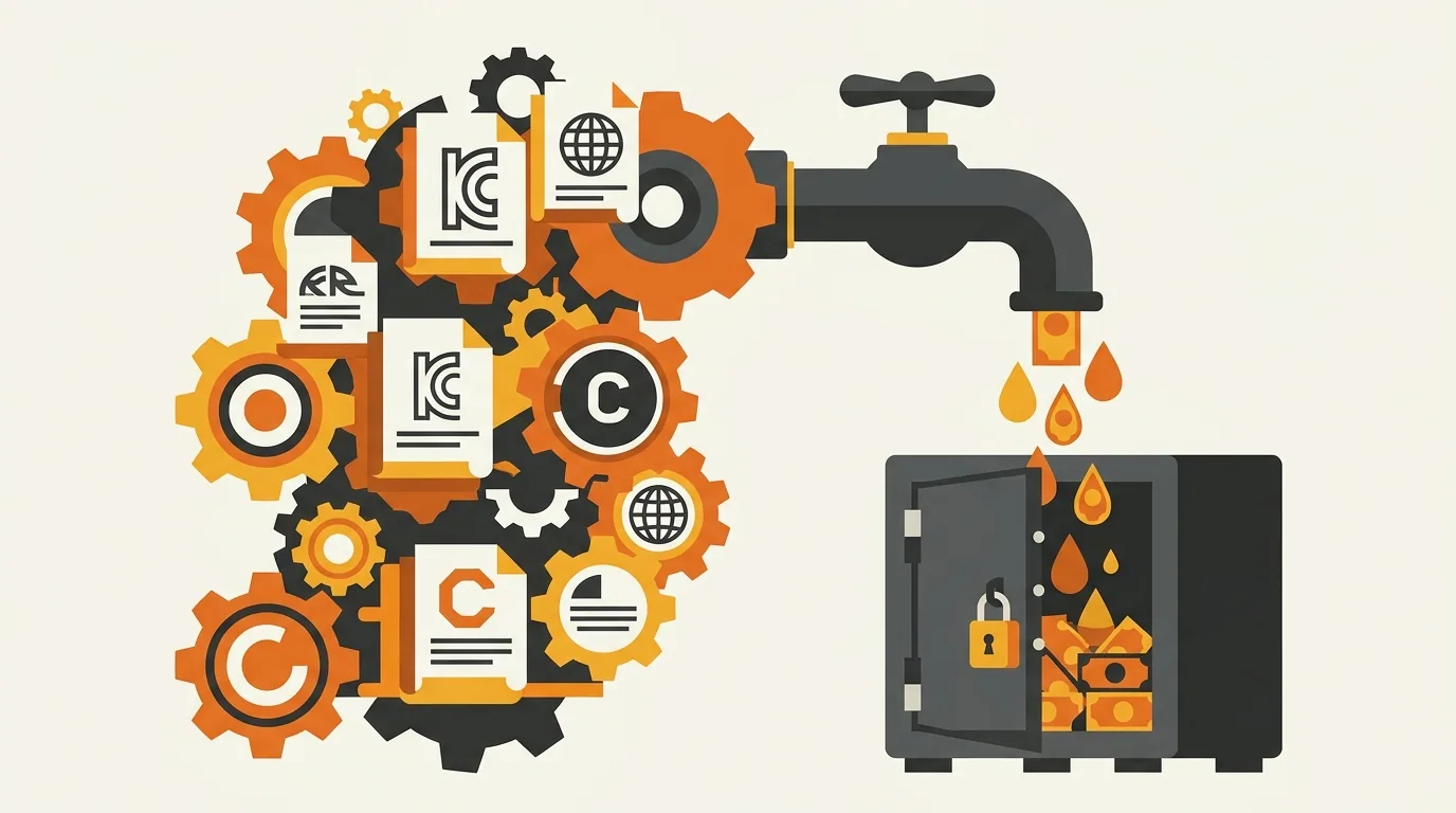 Illustration of stacked gears and documents representing IoR, KC certification, and Coupang seller account feeding into a single payout pipeline.