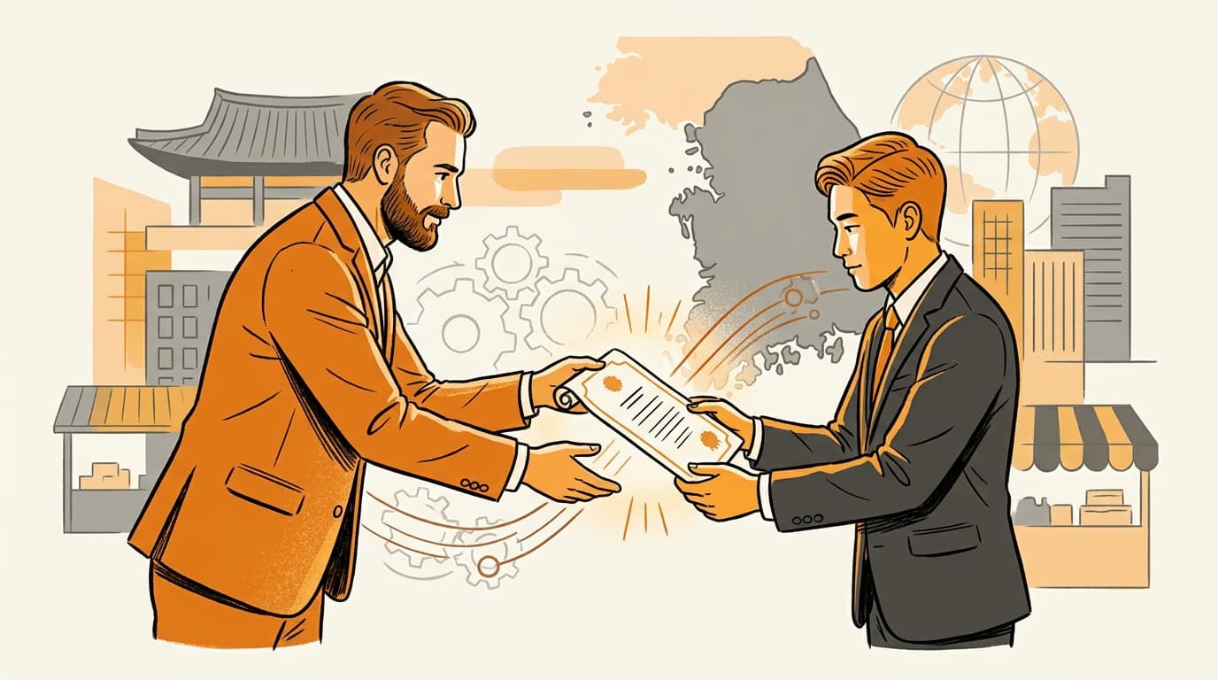 一位外国品牌创始人将一份法律问责证书交给指定的韩国责任销售管理者。