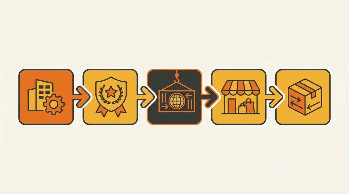Editorial illustration of a horizontal sequence from entity to certification to customs to marketplace to a small inbound carton