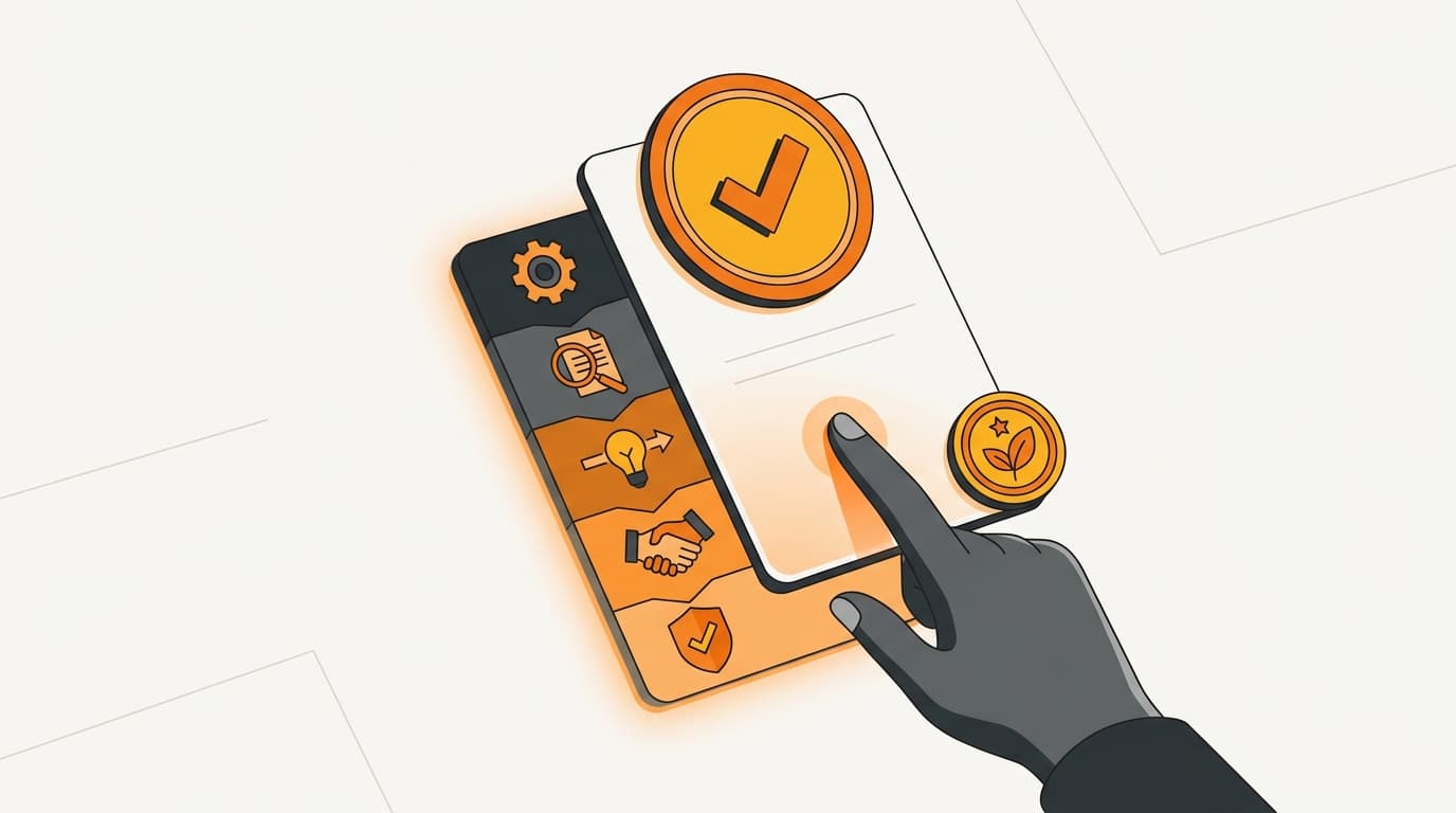 A product card opening to reveal its certification stage, result, and mark status in one panel