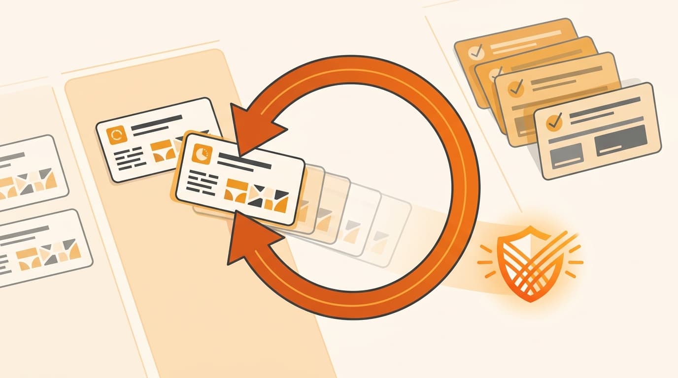 A case card looping from a done state back into in-progress while its history remains visible behind it