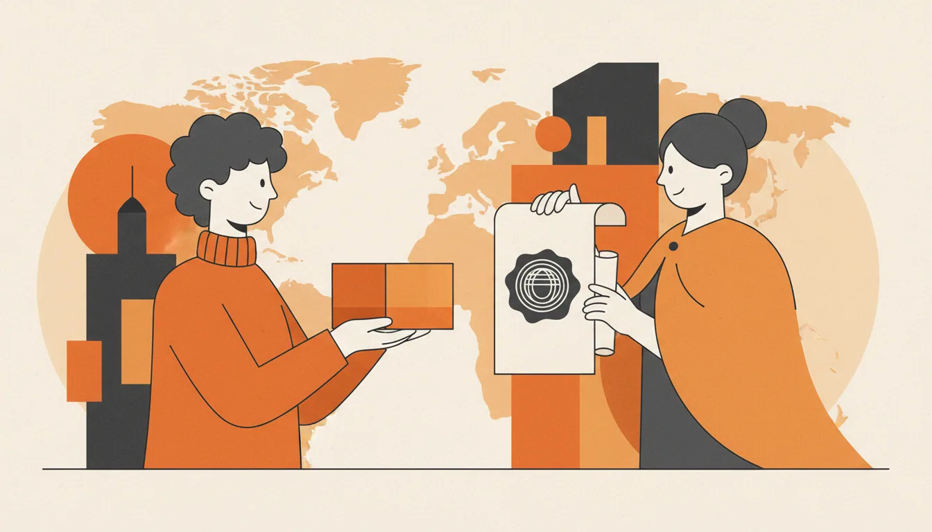 Illustration of a skincare brand founder handing goods to an importer of record partner.