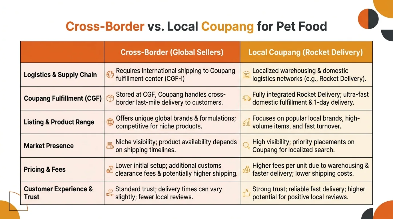 Comparison of cross-border vs. local Coupang operating model for pet food